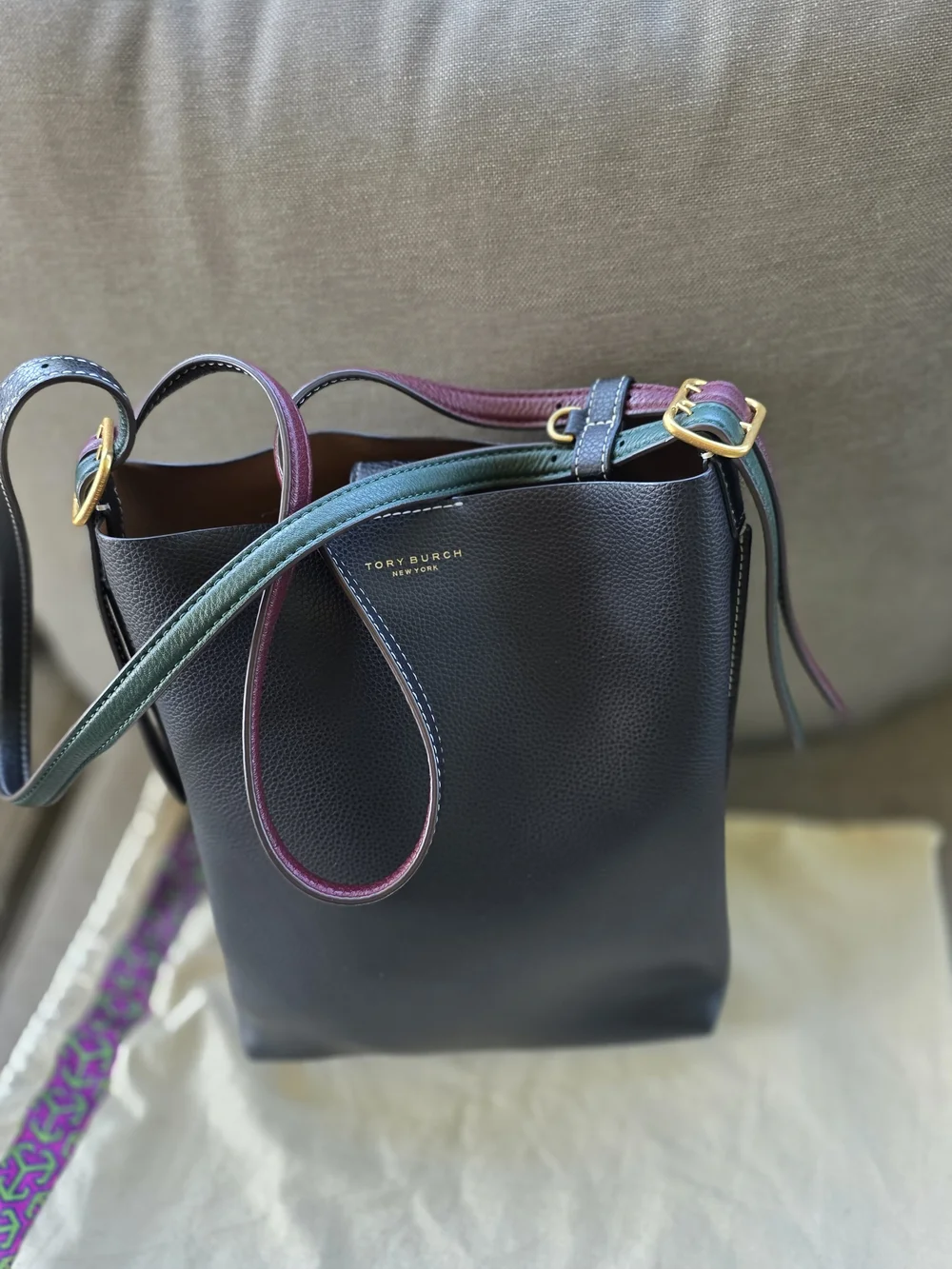 Tory Burch Black Leather Crossbody Bucket Bag with Multicolor Strap